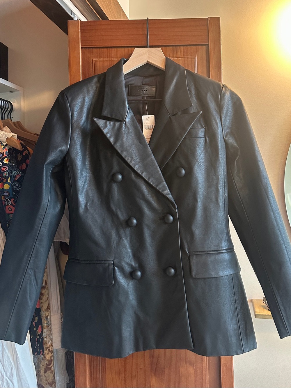 Blank NYC Black Faux Leather Double-Breasted Blazer Jacket XS Petite NWT